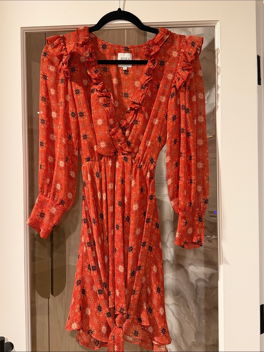 Misa Los Angeles Red Orange Floral Ruffle V-Neck Long Sleeve Dress mini
